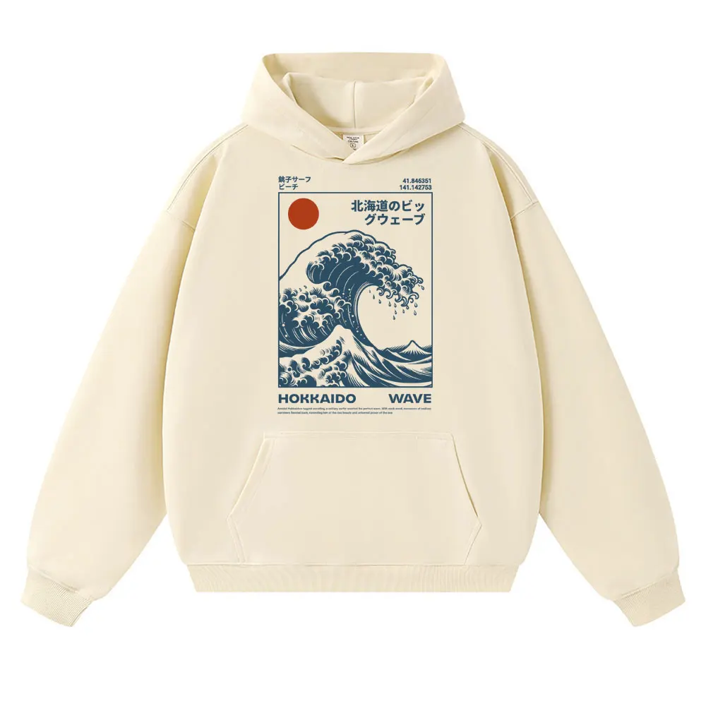 Sudadera con capucha estilo japonés Hokkaido Wave Vintage para hombre y mujer, Sudadera con capucha de moda Harajuku, ropa deportiva informal de gran tamaño para Otoño e Invierno