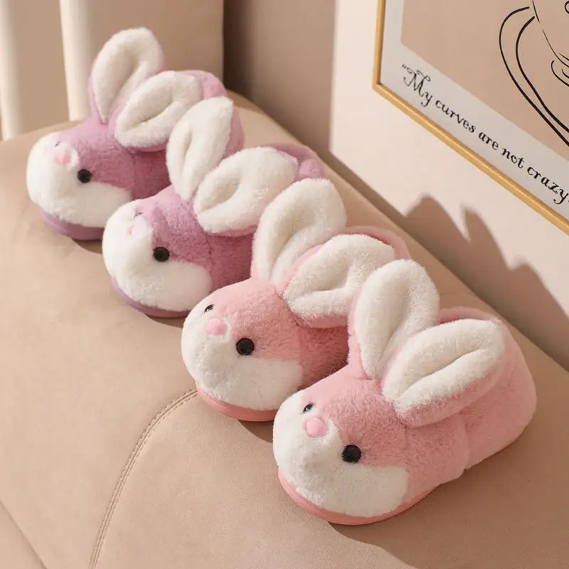 New Winter Cute Rabbit Cartoon Warm Cotton Slippers Children Baby Girls Indoor Floor Flat Non-Slip Heel Wrap Home Plush Shoes