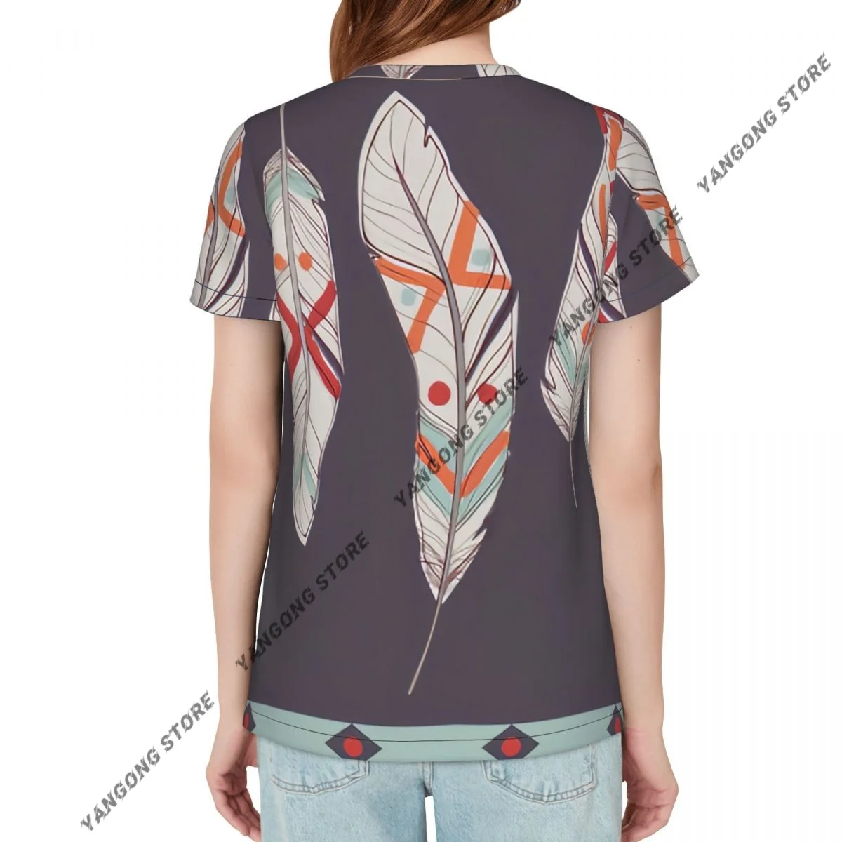 T Shirt Women Colorful Native Ethnic Feathers American Print Tee Shirt Casual Round Neck Short Sleeve Streetwear Female T-Shirt