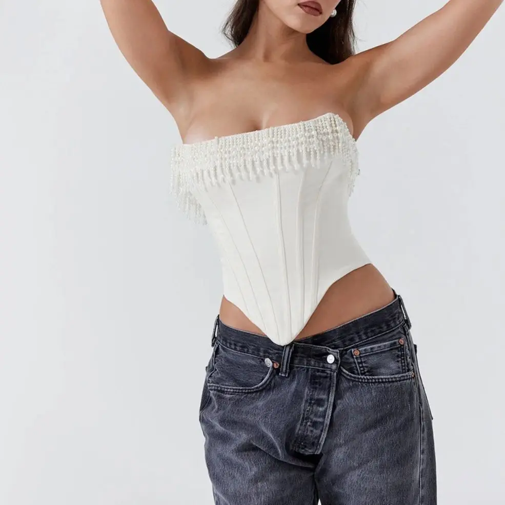 

Sexy Crop Tops Women Elegant Bare Shoulder Corset Summer Shapewear Cami Tube Top with Pearl Tassel Body Shaper Top Slim Clubwear