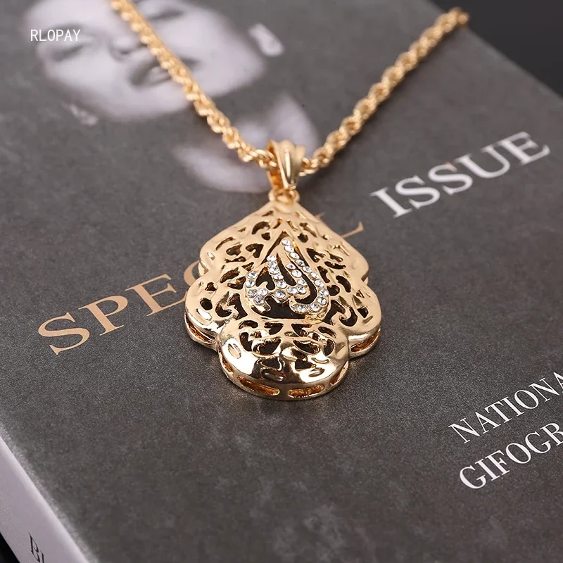 Arabic Royal Allah Pendant Gold Color Long Chain Necklace Pendant  Women Crystal Pendant Mulism Bridal Jewelry Pendants