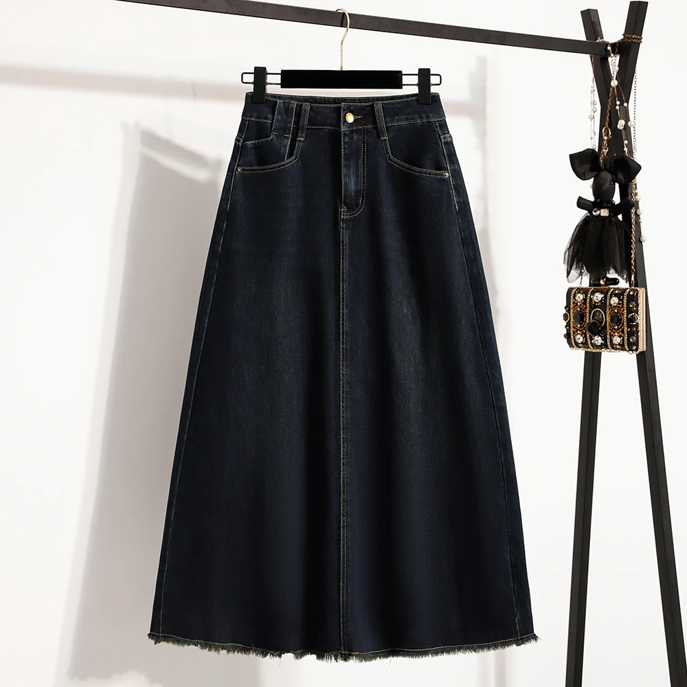 High Waist plus Size Denim Skirt Women's Elastic Mid-Length A-Line Skirt Deep Blue Spring Autumn New Style Casual Cotton Blend