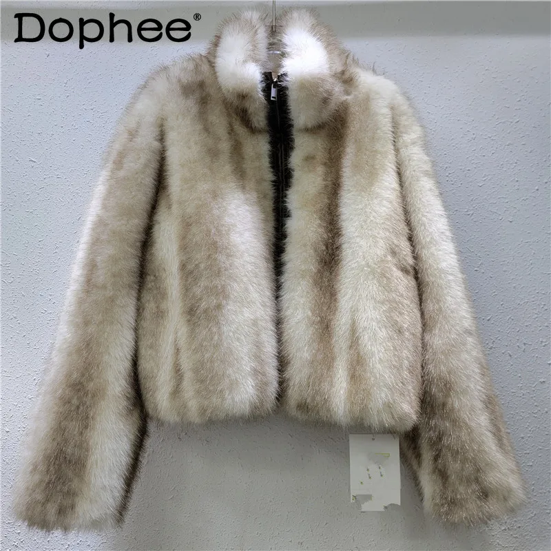 2024 Winter New Korean Version Stand-up Collar Warm Tie-dye Zipper Jacket Women Environmentally Friendly Fur Coat Faux Fur Coats