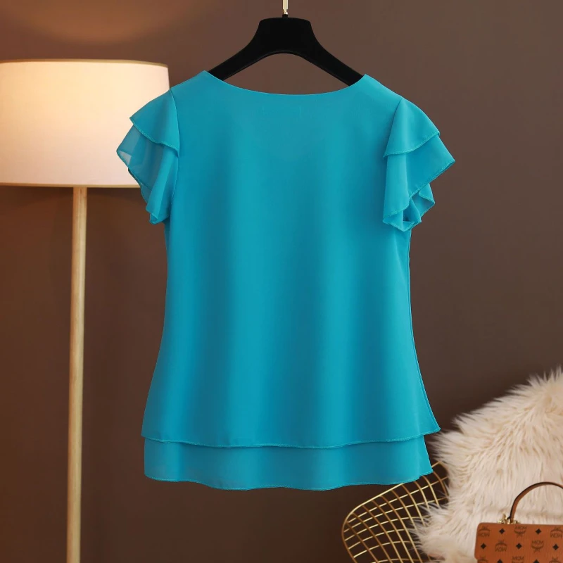 2024 Summer New Plus Size Women Chiffon Blouses Loose V-Neck Short Sleeve Fashion Cozy Tops Casual Shirts Blusas Mujer De Moda