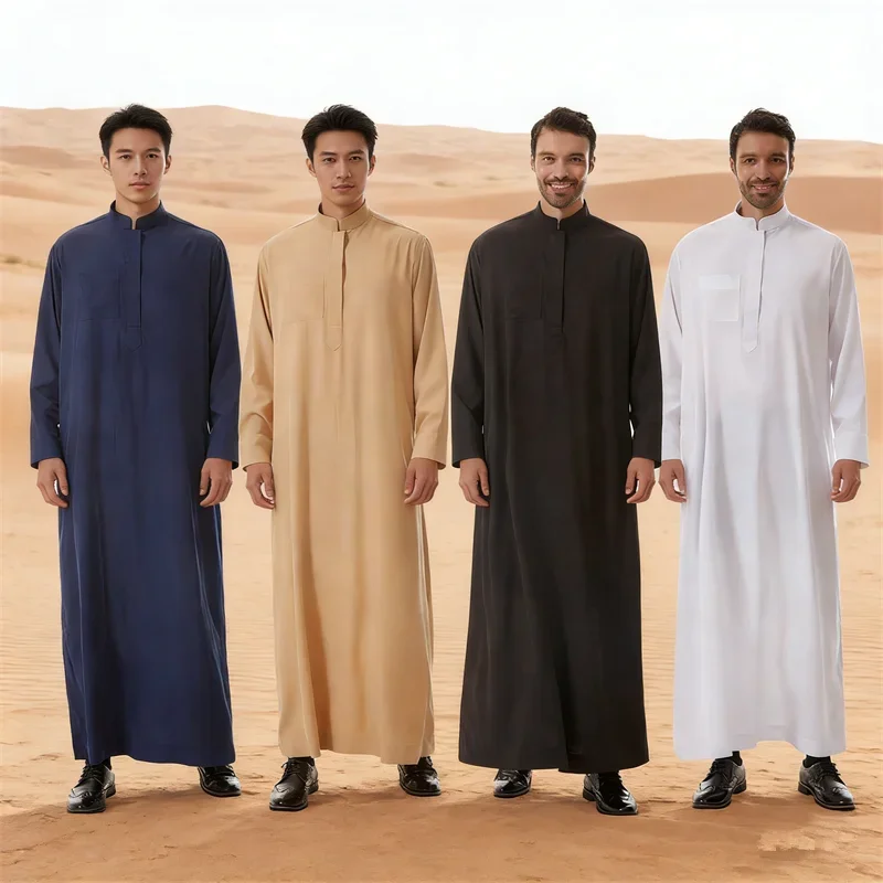 

2025 New Islamic Muslim Men's Clothing Black Robe Arabic Men Jubba Thobe Eid Ramadan Djellaba Morocco Kaftan Abaya Dress Thoub