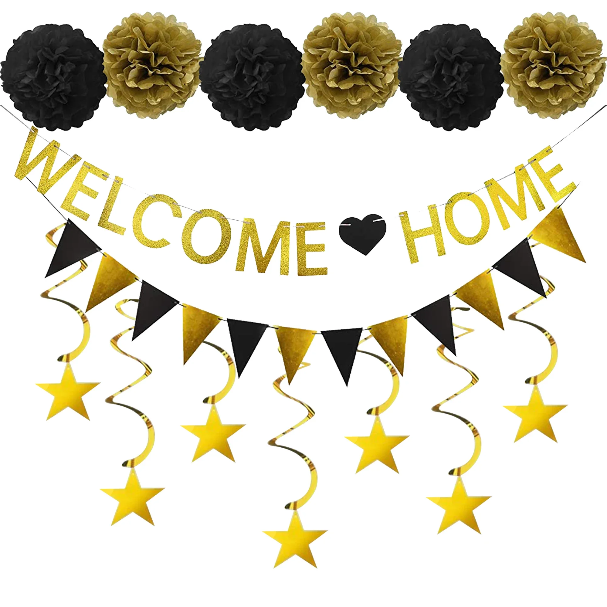 Sursurprise Black Gold Welcome Home Party Decorations WELCOME HOME Banner Pennant Paper Pom Poms Homecoming Party Supplies