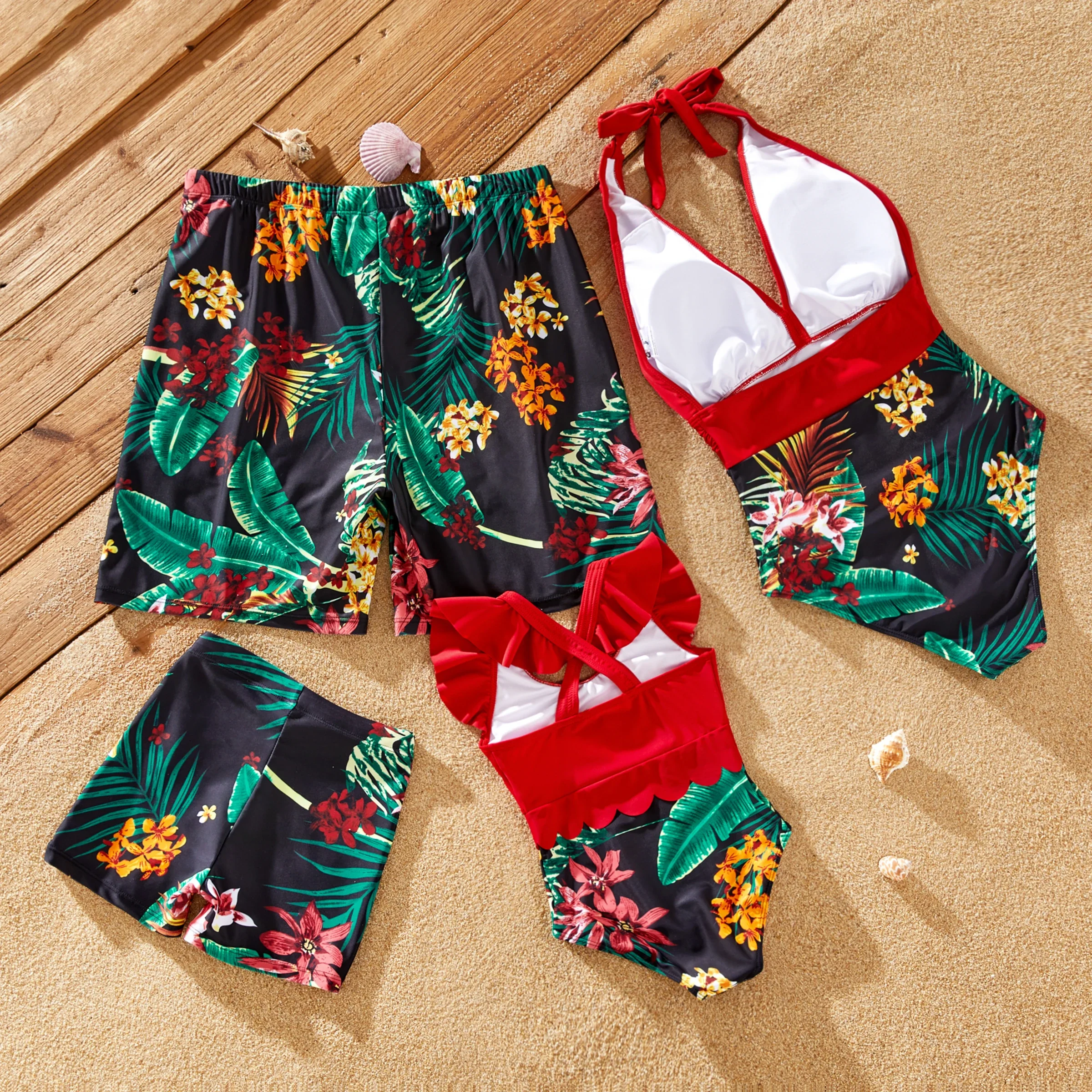 PatPat Family Matching Floral Drawstring Swim Trunks or Red Halter Top Spliced Swimsuit Suitable for Summer Season