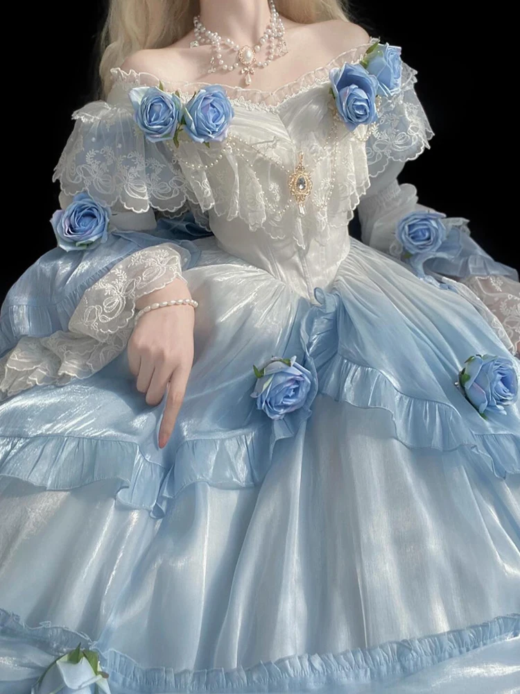 

Ele adient Blue Lolita Fairy Long Skirt Heavy Embroidery Princ Dr Esca Princ Ensemble for Adults