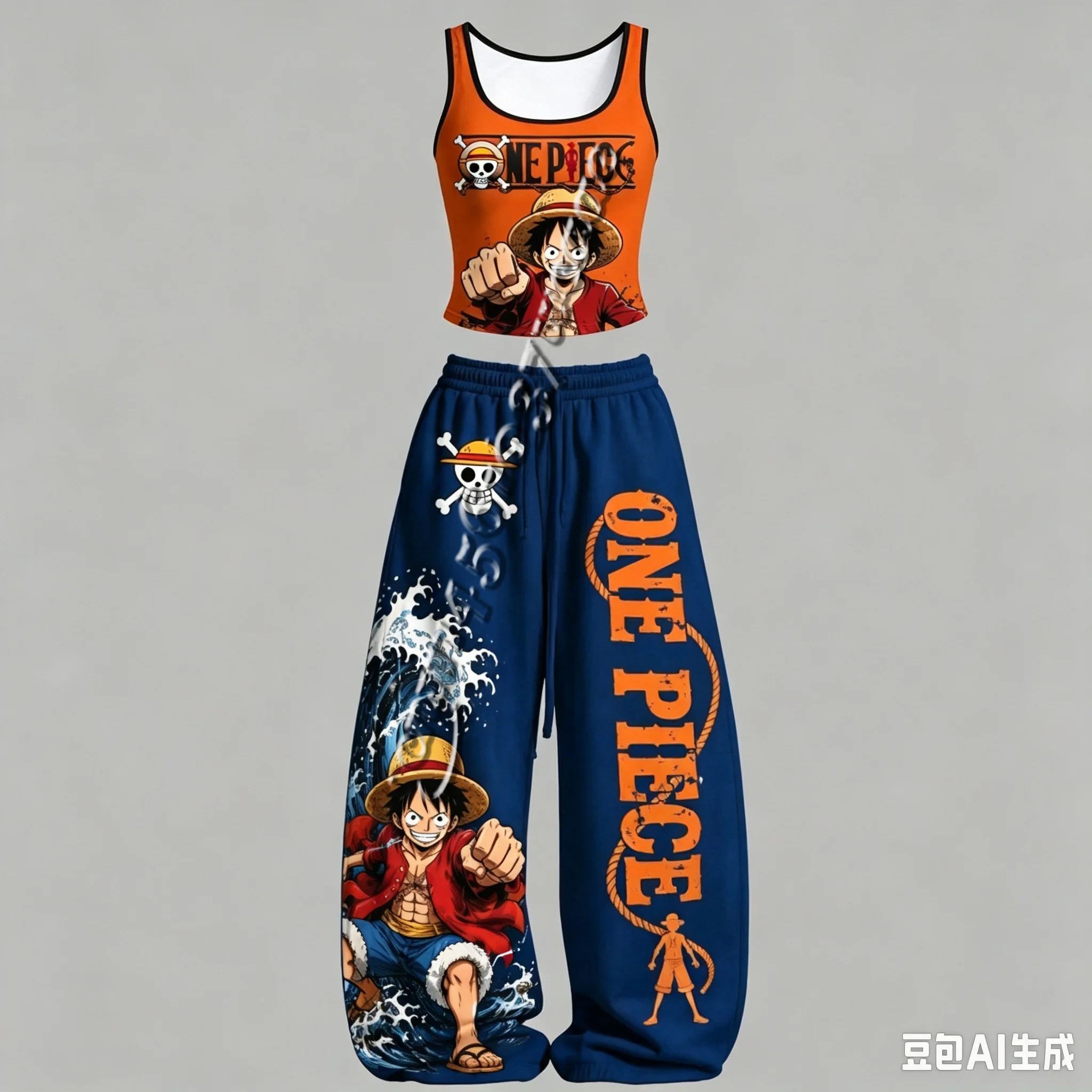FamilyMatching Neues One Piece Luffy Zoro Serie Charakter-Tanktop mit Weiten Hosen Set, Unisex Anime-Peripherie-Outfit für die Straße