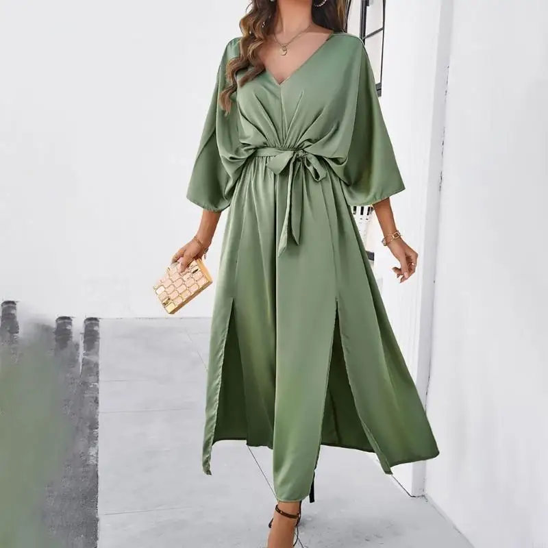 

L38E Women's V Neck Backless Color Casual Elegant Leg Slit Bottom Blouses Belt Dress