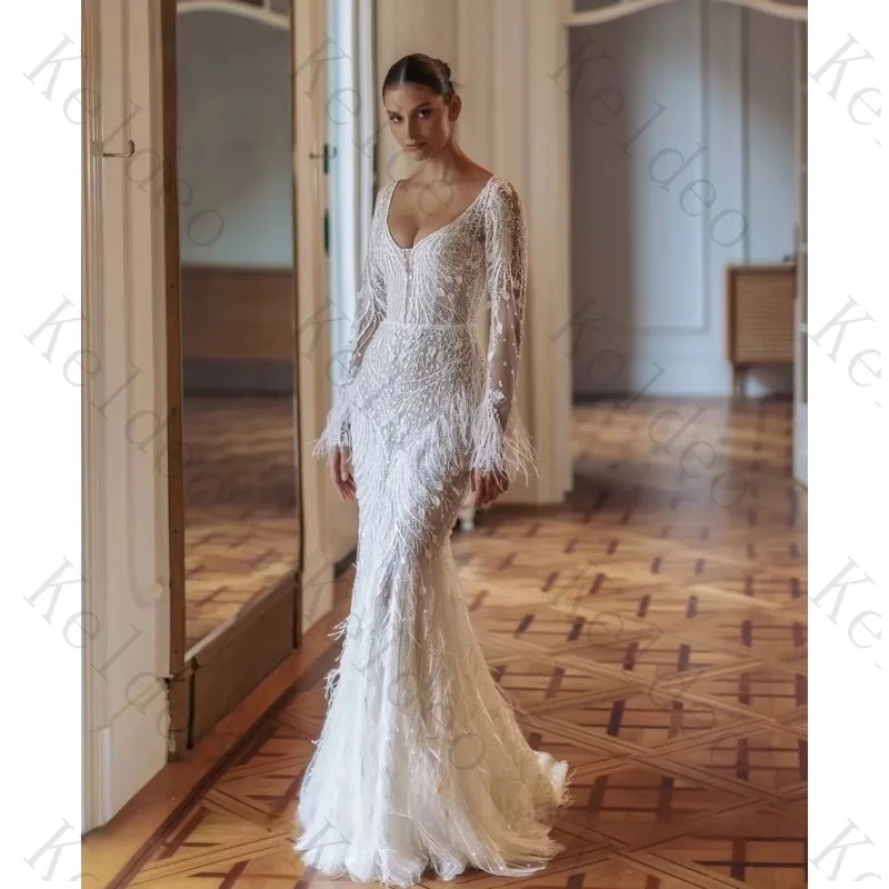 Customized Exquisite V Neck Mermaid Long Seleeves Wedding Dresses Beading Appliques Feathers Floor Length Open Back Bridal Gowns