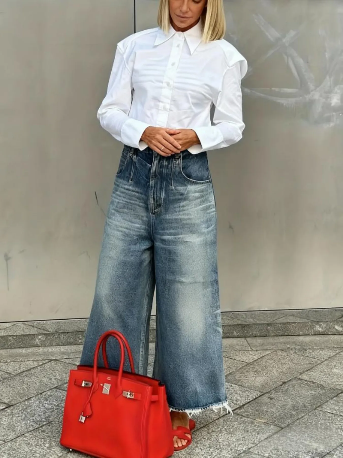 Damskie jeansy z wysokim stanem i szerokimi nogawkami, codzienne i luźne, modne spodnie biurowe na jesień i zimę.