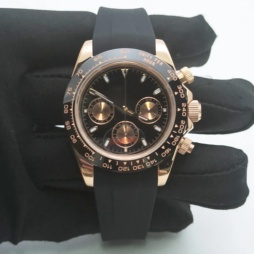 Rose gold VK63 Watch 39.5MM Quartz Chronograph watch+Rubber Strap Sapphire Glass Three Eyes Quartz Movement