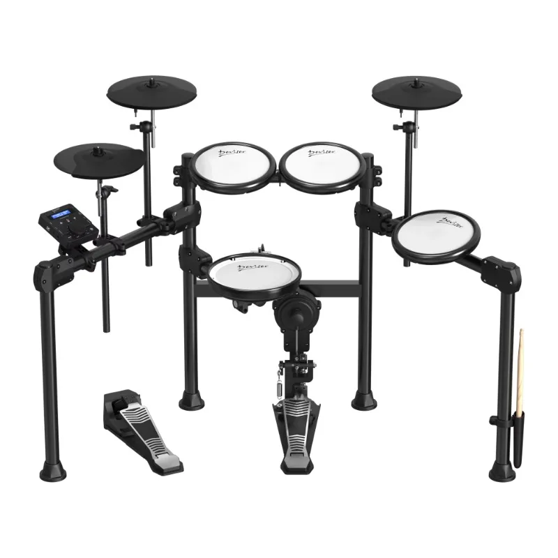 

Electric drum set with shelf instruments and accessories