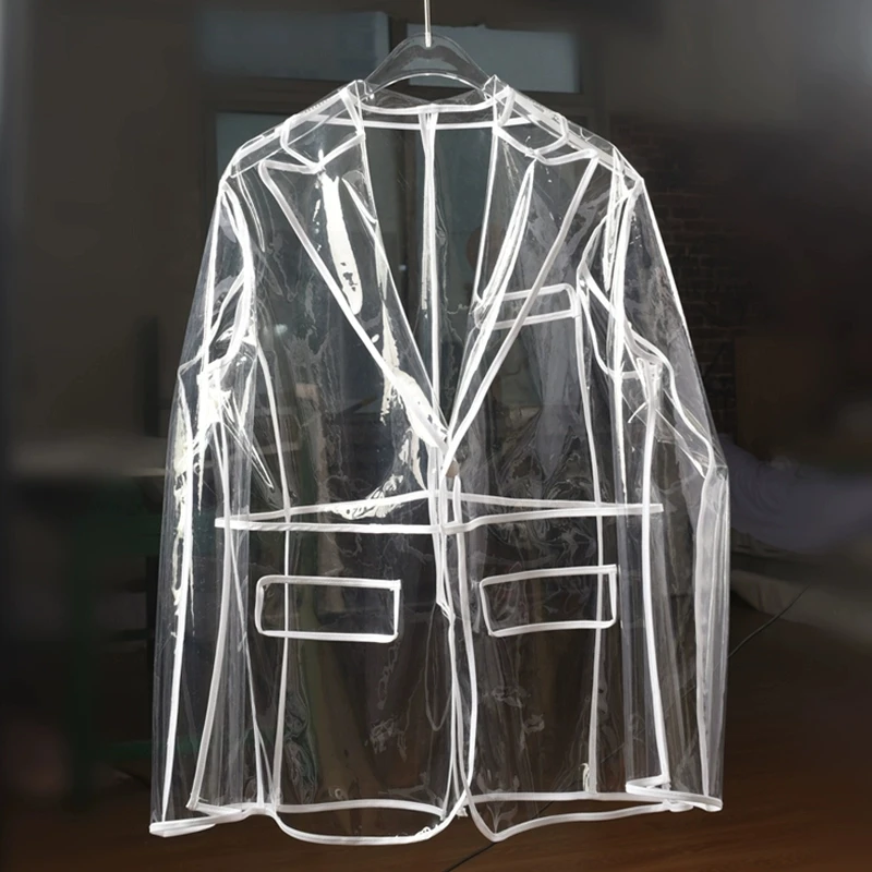 Man's Sheer See Through Clear PVC Jacket Live Show Dance Costumes Private FKK Party BF Gift Singers Drums Guitar Stage Coat