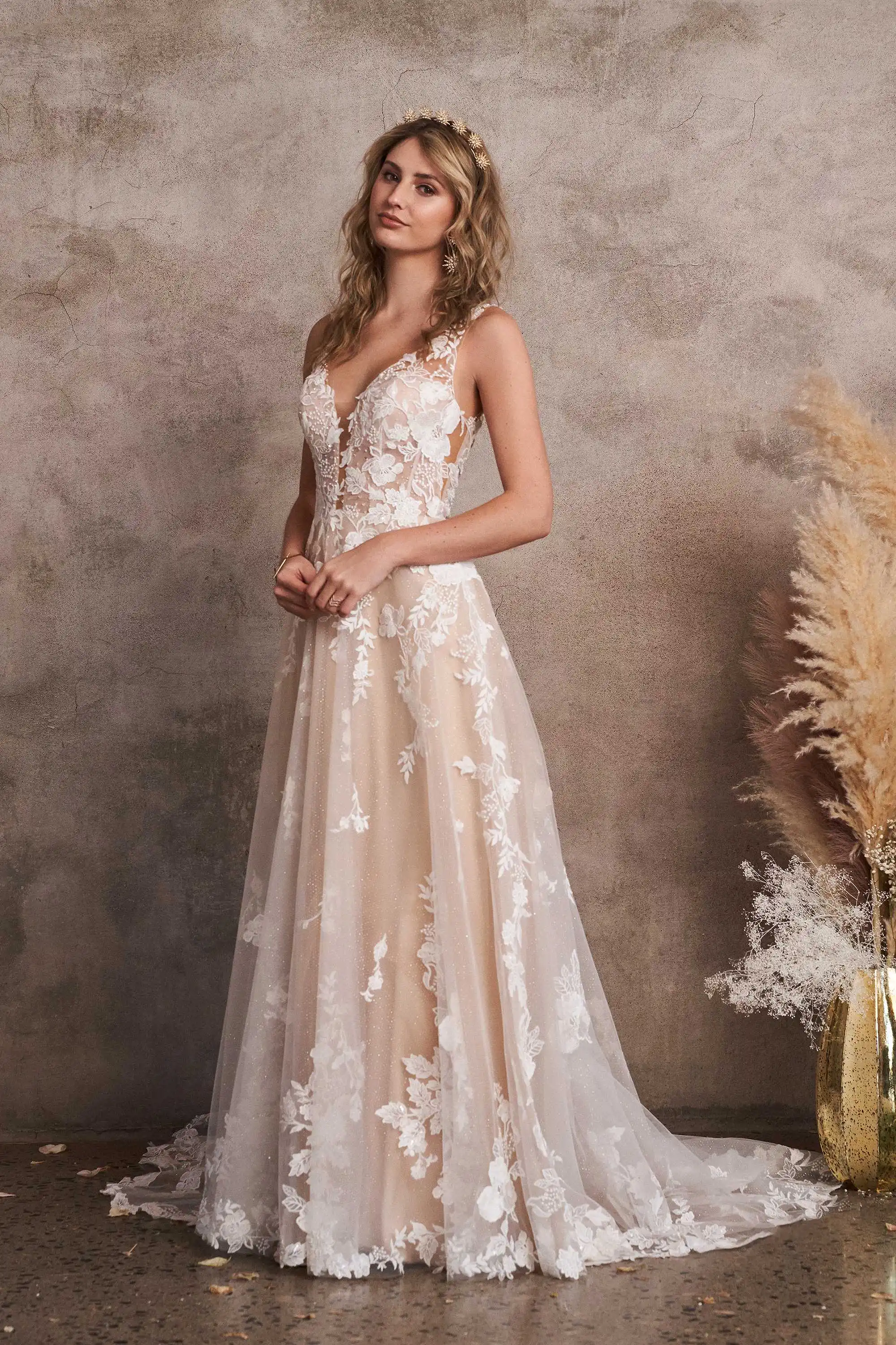 Vestidos De Novia bohemios champán, línea A, cuello en V, apliques De tul, vestido De Novia bohemio