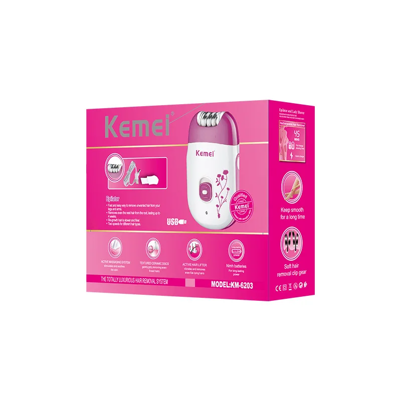 Kemei Km-6203 Pink USB Charging Professional Electric Women Body Epilator Hair Trimmer