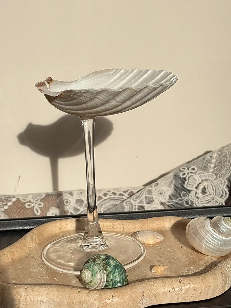 Wabi-Sabi White Scallop Glass Champagne Flute, Clear Coastal Goblet - Vintage Party Decor & Minimalist Home Art Sculpture