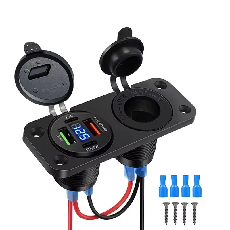 Wasserdichte Zigarettenanzünder-Steckdose, Schnellladung 3.0, 12 V/24 V, Dual-USB-Auto-Steckdose mit LED-Voltmeter, Touch-Schalter für Auto, Wohnmobil, Boot
