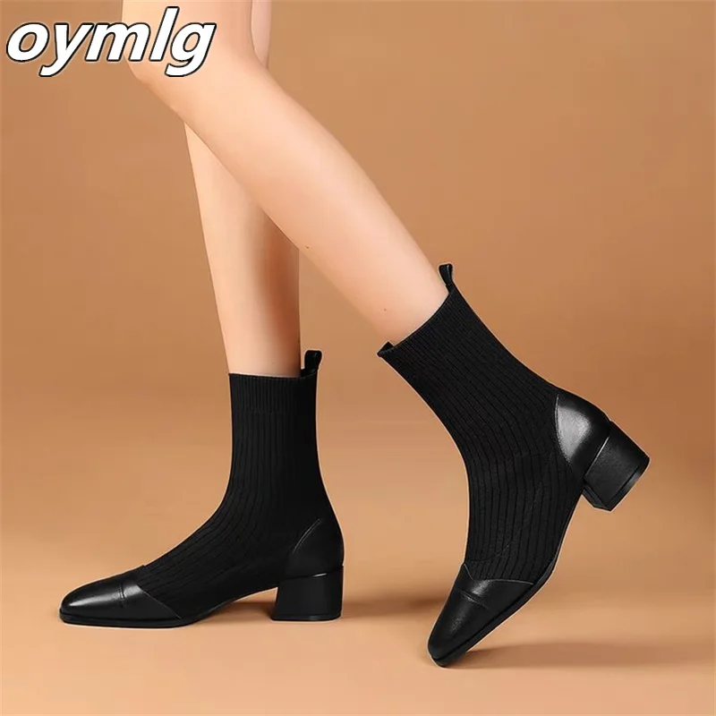 Square Head Slim Boots 2023 Autumn New Simple and Stylish Thick High Heel Boots Sleeve Knitted Short Boots for Women