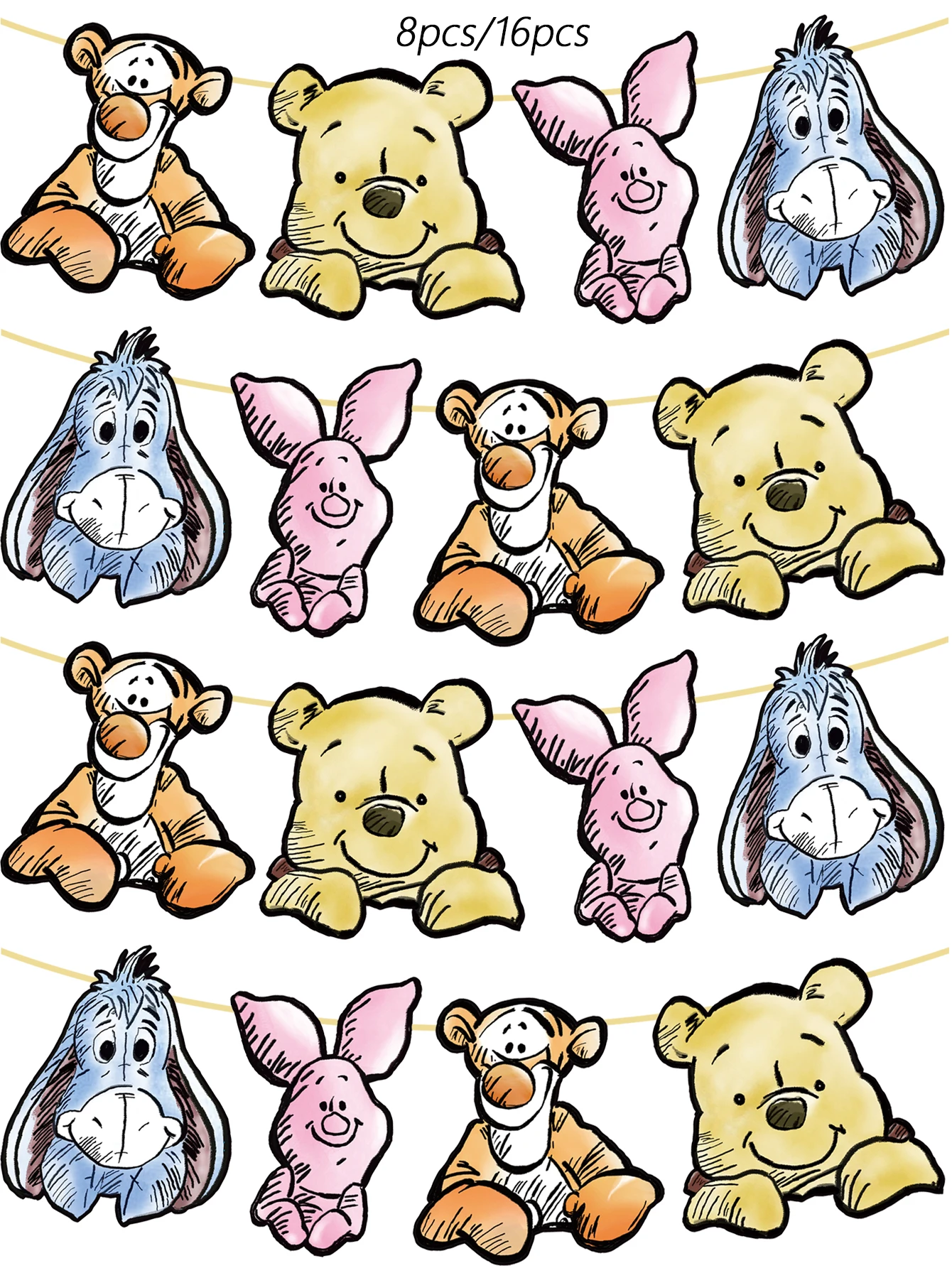8 pièces/16 pièces de fournitures de fête Disney Winnie l'ourson, bannière d'anniversaire pour décorations de fête Winnie l'ourson