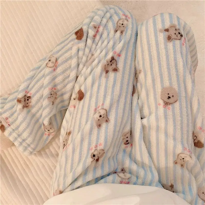 Plus Size Pajama Pants Kawaii Cartoon Printed Winter Warm PJ Pants Y2K Fluffy Pyjamas Women Flannel Homewear Sleepwear Trousers