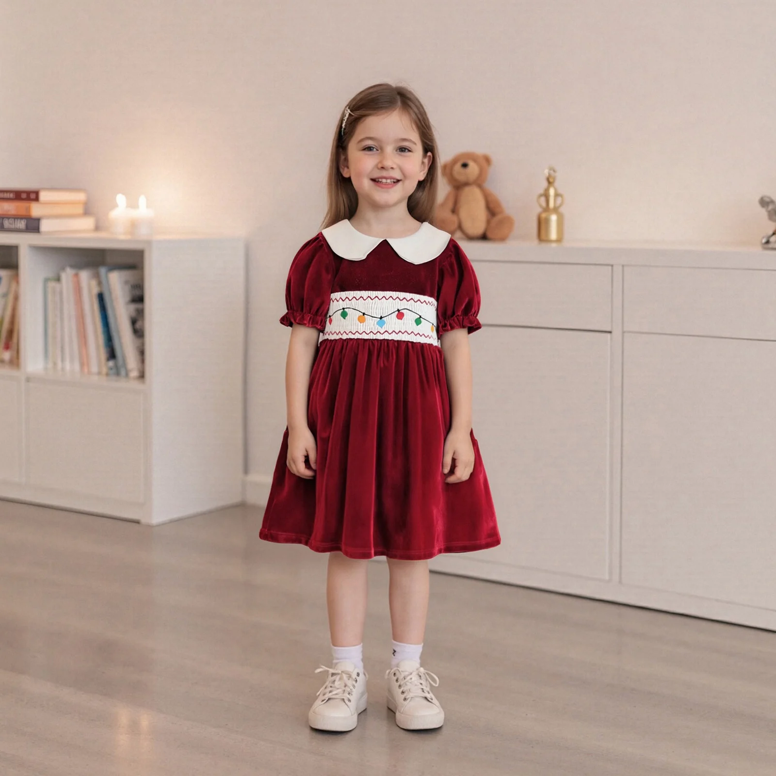 فستان للفتيات الصغيرات لعيد الميلاد على شكل حرف A، فستان مخملي مطرز بأكمام قصيرة وياقة الدمية #4