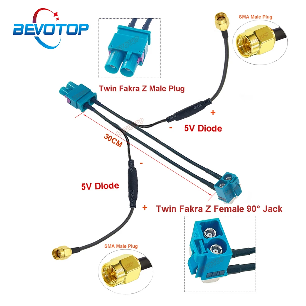 

BEVOTOP Twin Fakra Z Male Female to 2 SMA Female Splitter cables With Diode Custom-made RF Coaxial Cable Jumper