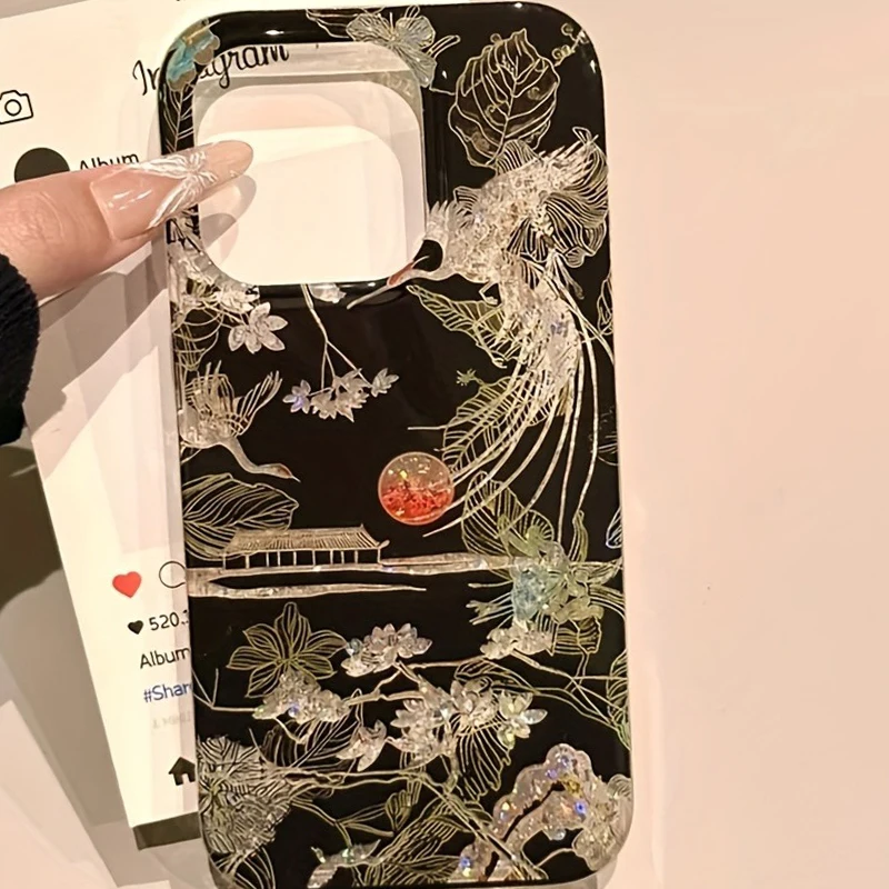 Sparkling Glitter Chinese Style Landscape Crane Phone Case For iPhone 11 12 13 14 15 16 17 Pro Max XS XR X 7 8 Plus Soft Cover - náhled 6