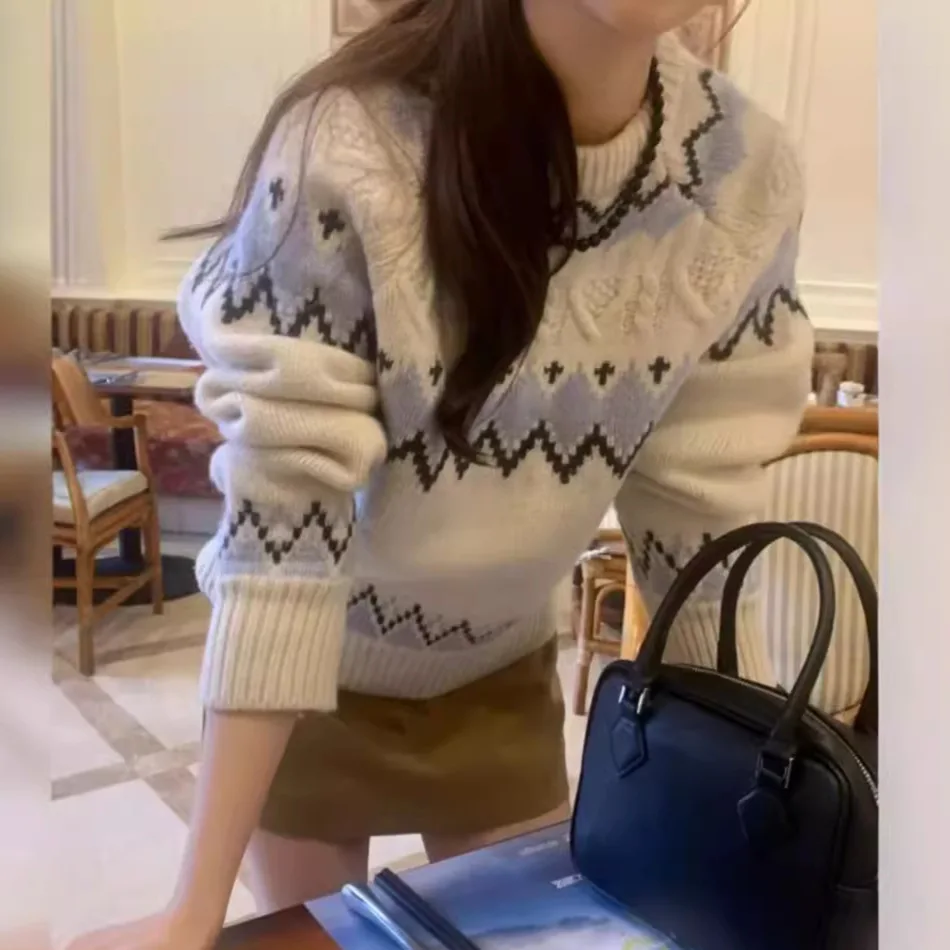 

Pullovers Jumper Women Knitted Sweater Casual Striped Diamond Jacquard Long Sleeve Round Neck Loose Slight Strech 2025 Winter
