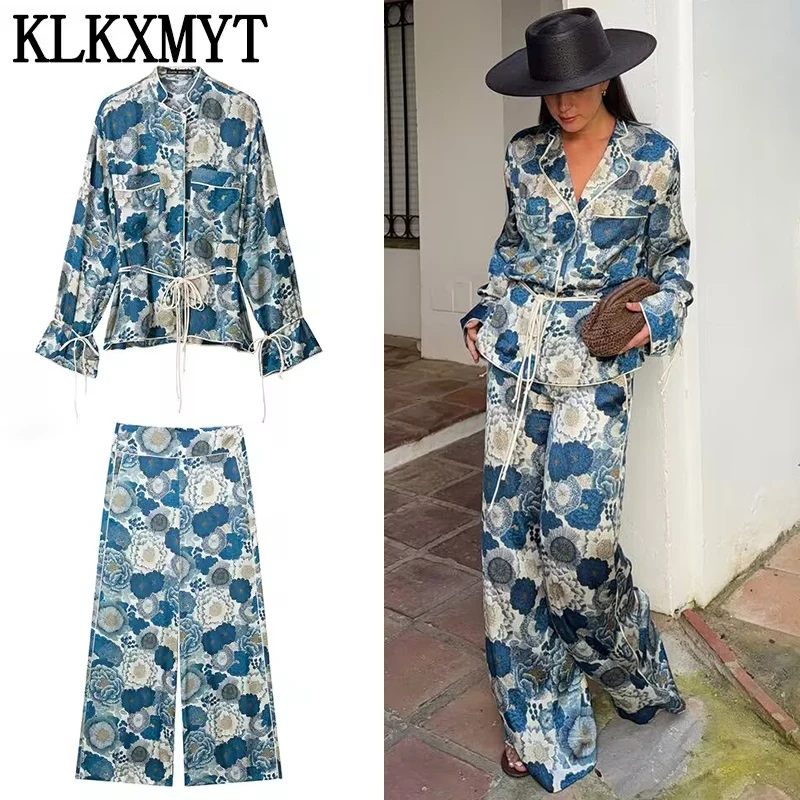 KLKXMYT Damen-Hosen-Sets Neue Mode Vintage Blumendruck Hemd-Top Damenanzug 2026 Frühling Herbst Lässige Damen-Outfits ﻿