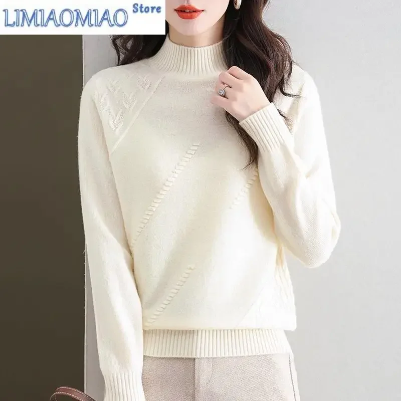 Women's Clothing Solid Color Pullover Long Sleeve Screw Thread Half High Collar Sweater Knitted Elegant Fashionable Tops