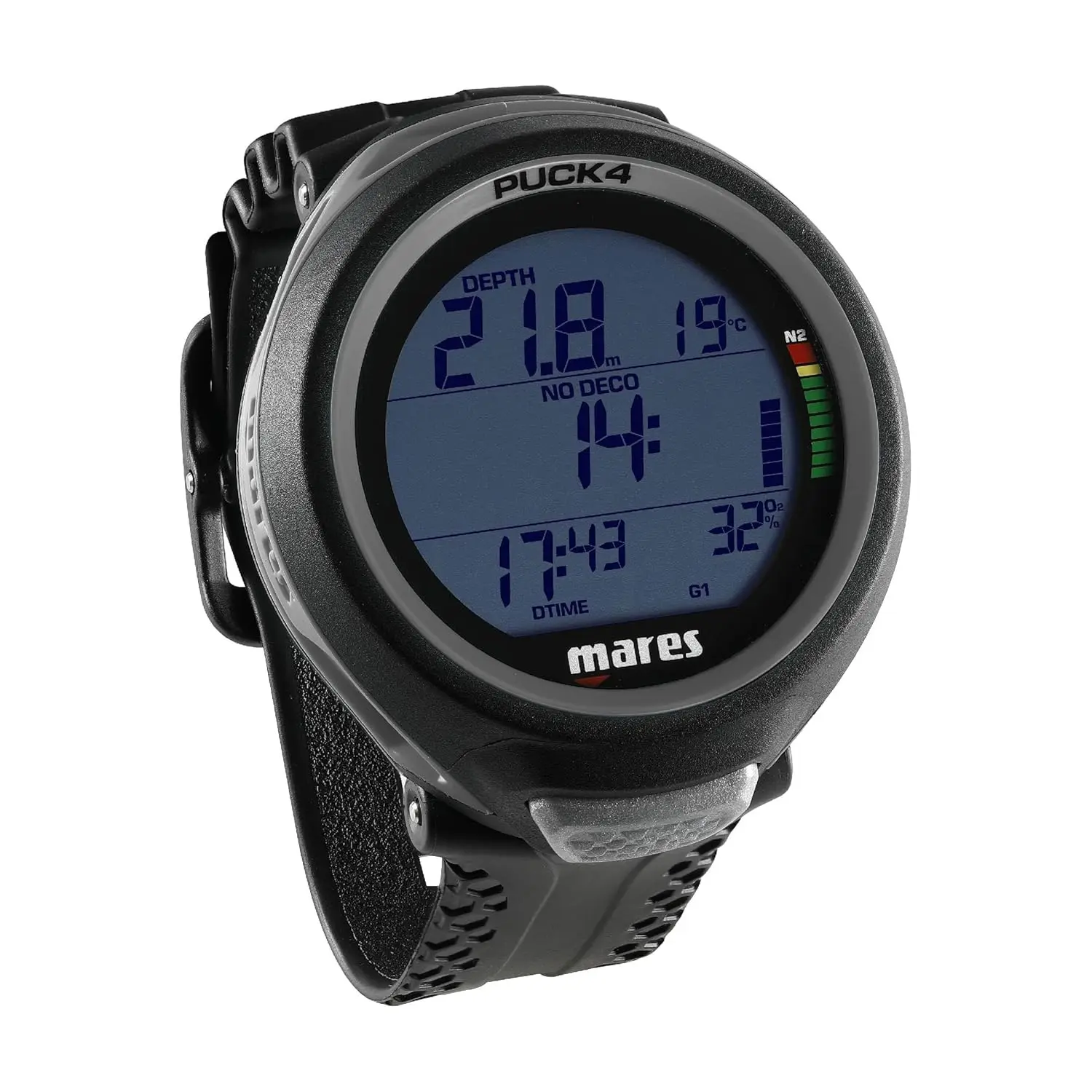 Computadora de buceo de muñeca Puck 4 |   Computadora de buceo subacuática con control de un botón estilo reloj de nivel básico, negro/negro