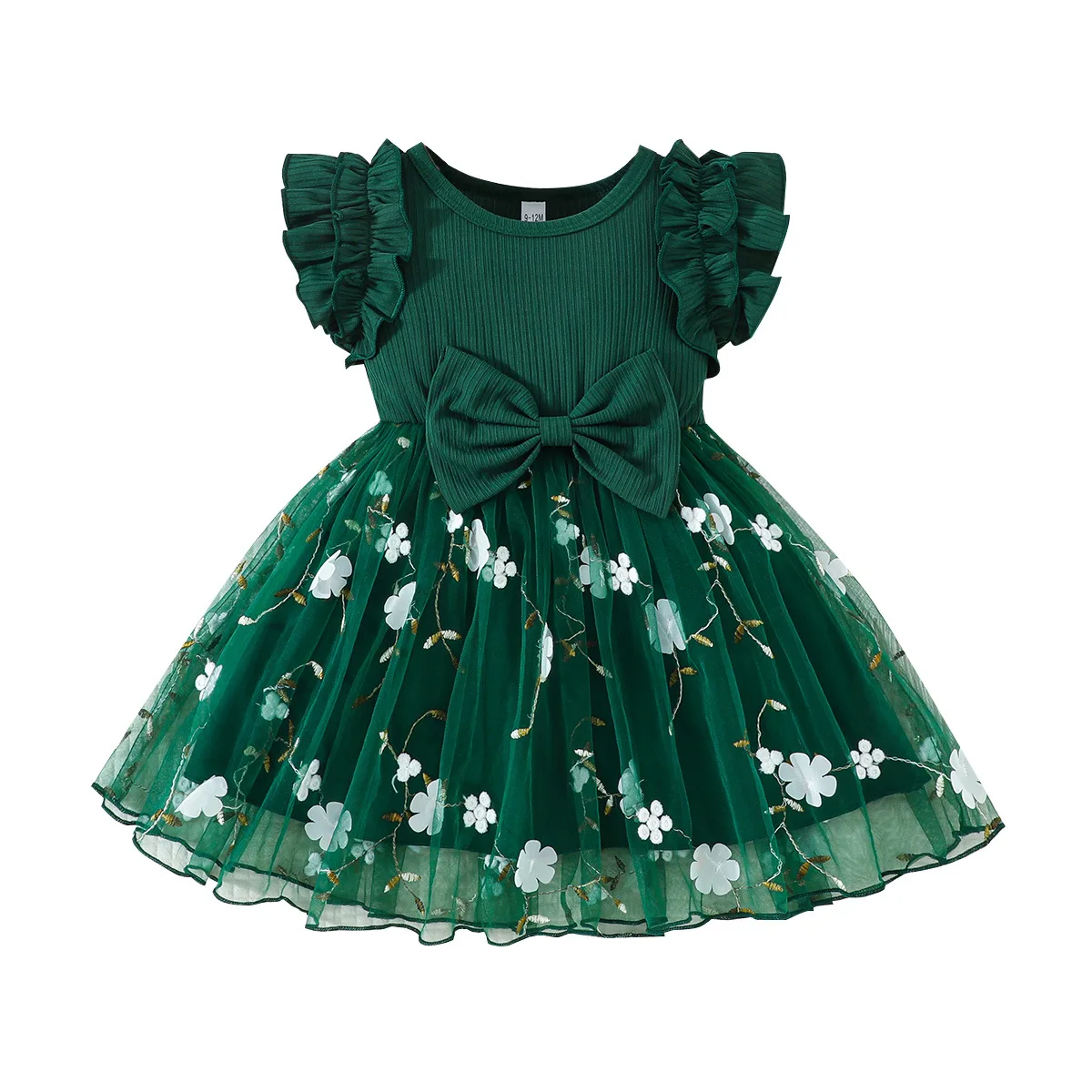 

Baby Girl Green Tulle Dress Floral Embroidery Bowknot Sleeveless Ruffle Summer Princess Dress