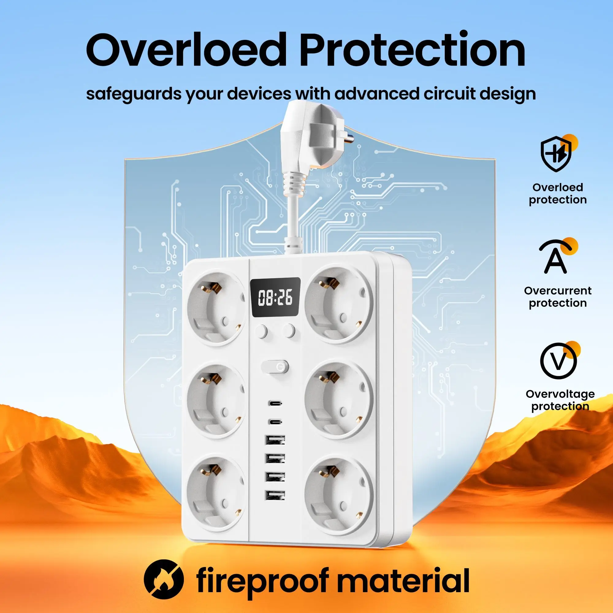 شريط طاقة 14 في 1 مع 8 منافذ تيار متردد، 4 منافذ USB-A 2 USB-C شحن سريع، حماية من زيادة الحمل الزائد وحماية ماس كهربائى #4