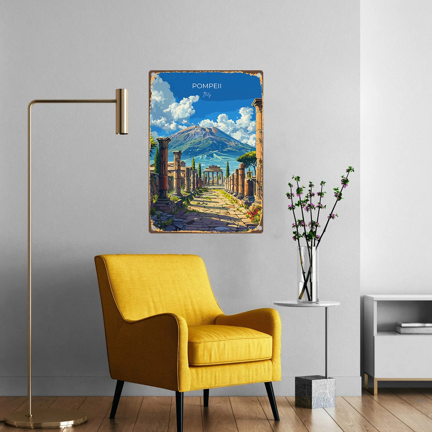DDPNKL Vintage Pompeii ديكور فني جداري إيطالي لوح من القصدير المعدني الحديدي مع منظر طبيعي Vesuvius وأعمدة رومانية وأشجار السرو