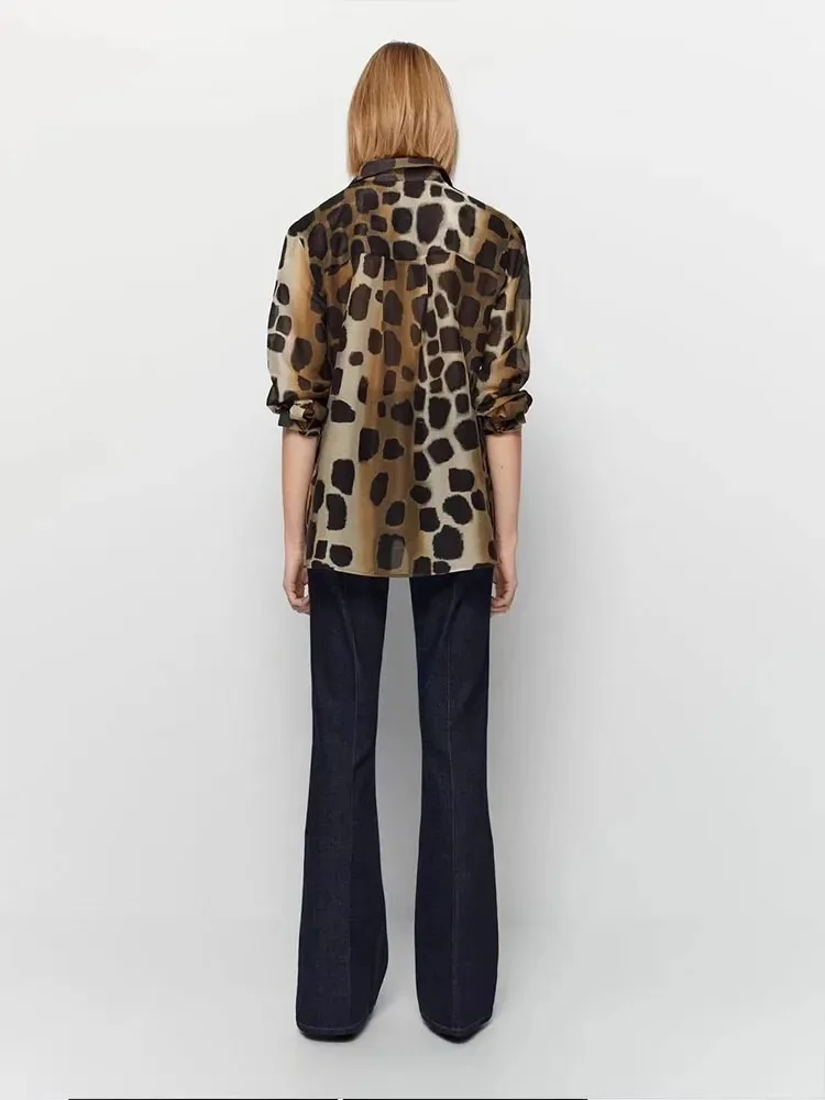 Women Leopard Print Shirt Vintage Long Sleeve Button-Up All-Match Casual Female Shirts Blouse Chic Office Lady Blouse Tops