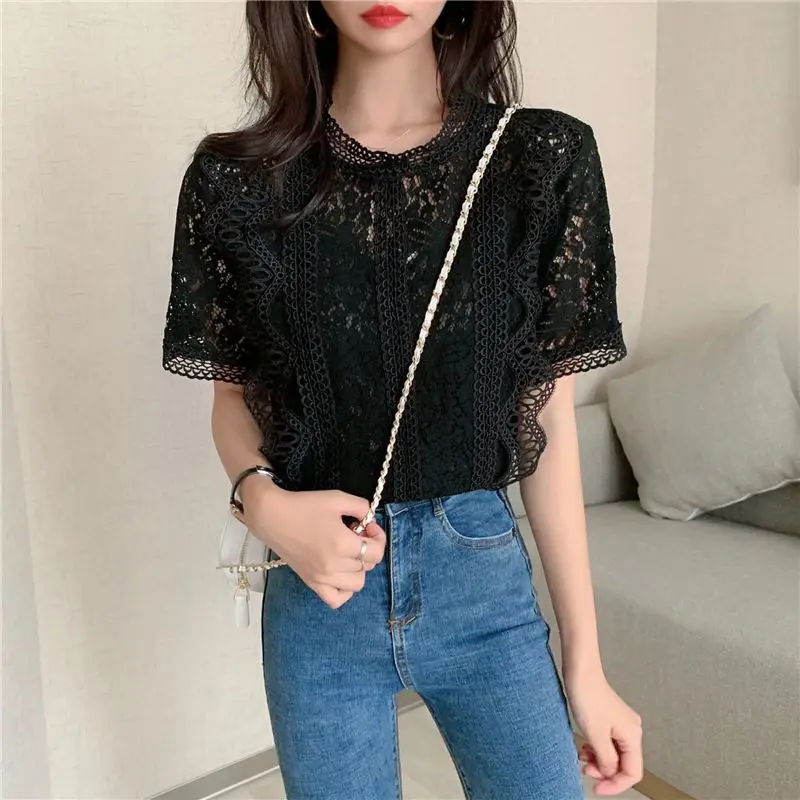 Women T-shirt Short Sleeve Lace Korean Fashion Style Summer Top Casual Stylish Stand Collar Street Creative  Female Clothing