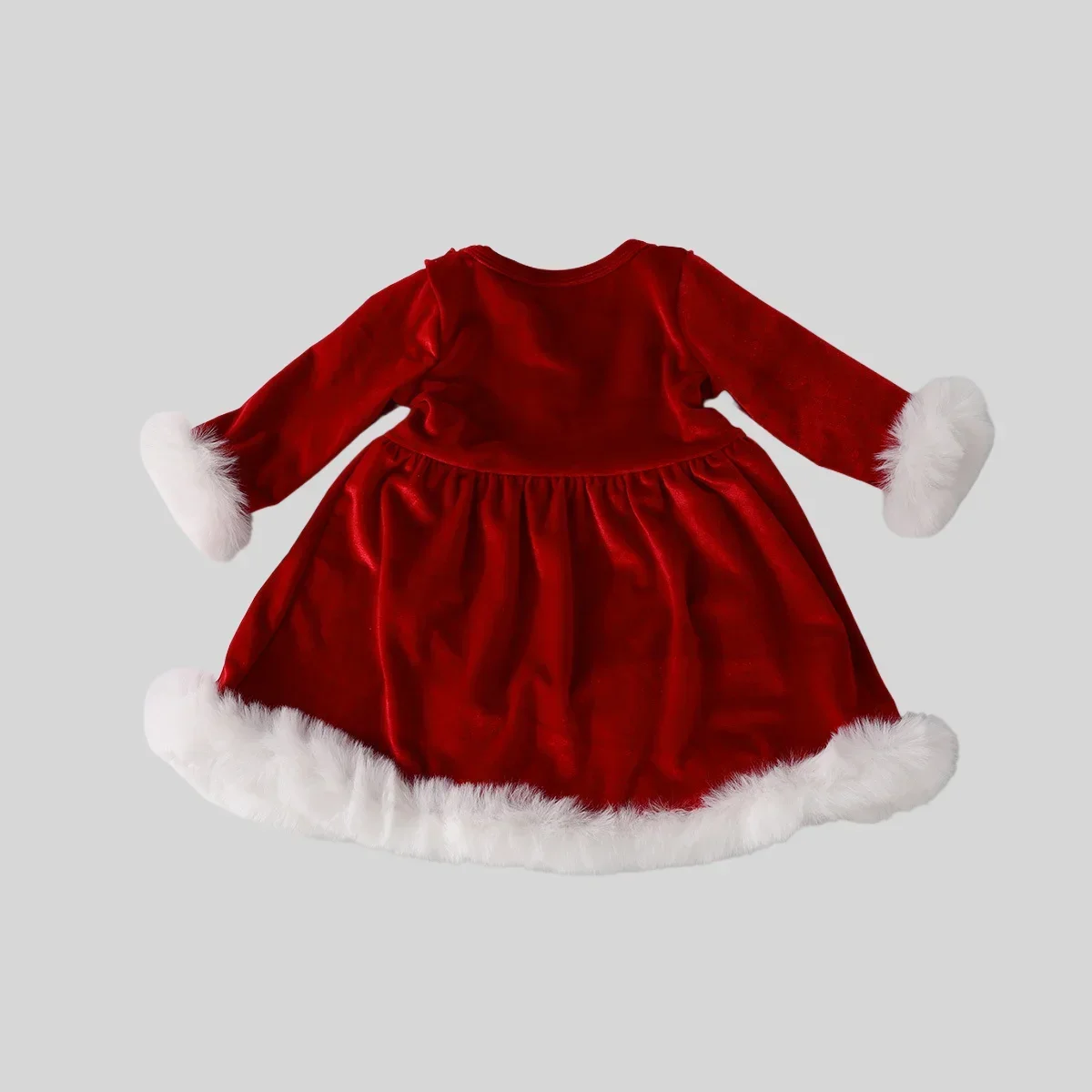ชุดเดรสเด็กผู้หญิงสำหรับคริสต์มาส 1-18 เดือน ผ้ากำมะหยี่ แต่งขนเฟอร์ที่ปลายแขนและชายกระโปรง  ชุดเดรสปาร์ตี้น่ารักสีแดงสำหรับเด็กทารก