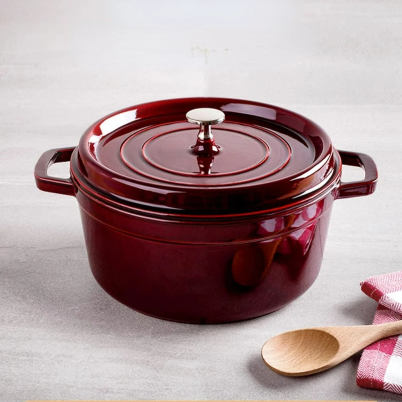 

Coral Red Cast Iron Pots Enamel Pot Cookware, Household Micro Pressure Lock Water Soup Pot, Open Flame Non Stick Cooking Pots