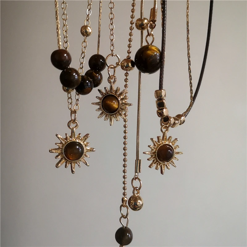 Vintage Leder Braun Stein Sonne Anhänger Leder Schlüsselbein Kette Halskette Stapeln Halsband Für Frauen Mädchen Herbst Winter Halskette