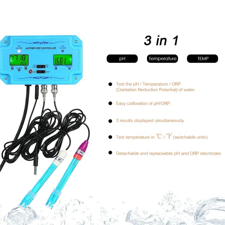 3 in 1 pH/ORP/TEMP Controller Water Quality Detector BNC Type Probe Water Quality Tester for Aquarium Monitor