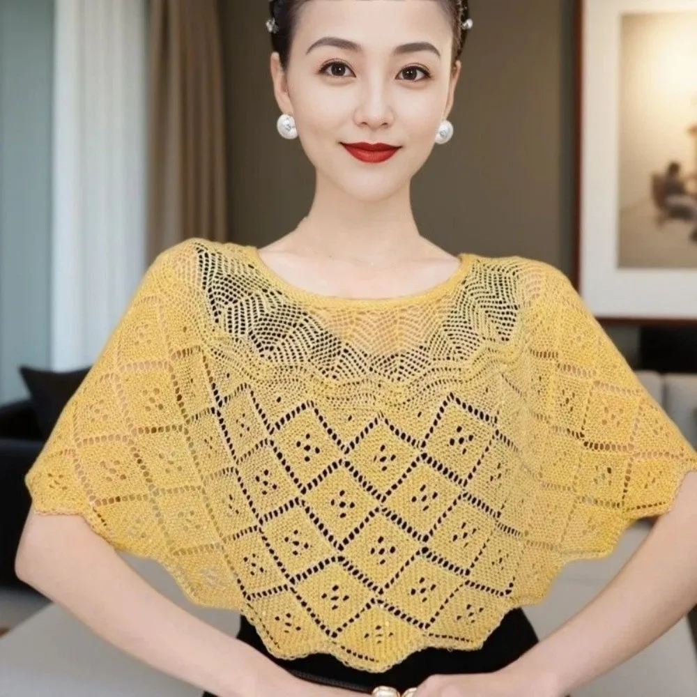 Pullover Style Crochet Shawl Pearl Brooch Vintage Hollow Out Shawl Detachable Collars Lace Knitted Beach Cover-up Daily view 5