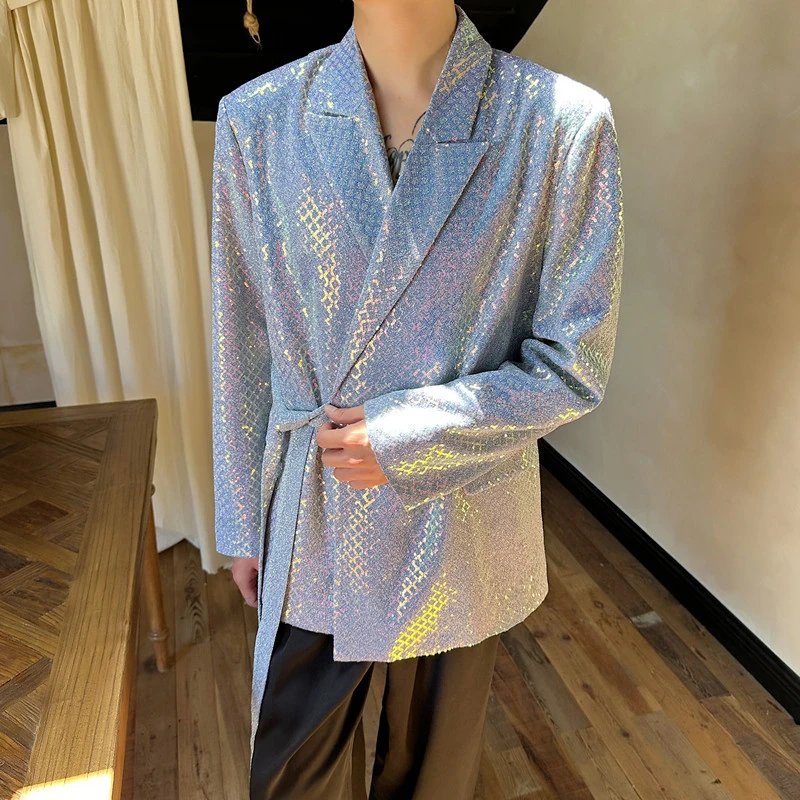 LUZHEN Glossy Nightclub Style Stage Outfit Suit Jacket High Street Trendy Personalized Ribbon Splicing Design Blazer Male LZ5101