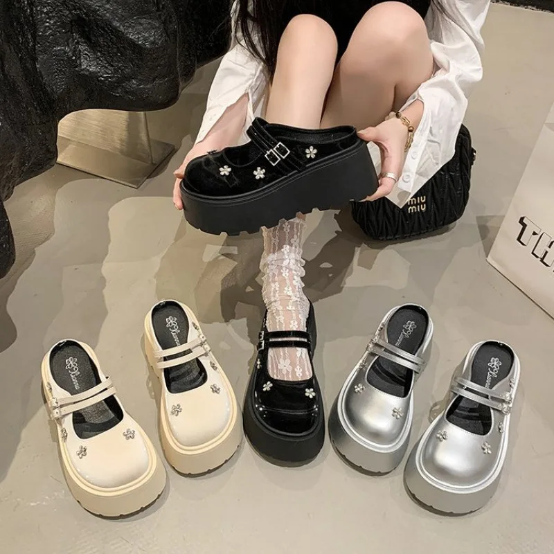 

2026 New Women's Platform Mary Jane Shoes Double Strap Rhinestone Patent Leather Slingback Heels for Height Increasing & Casual