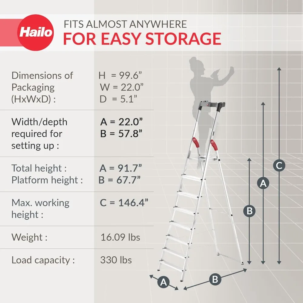 Escalera de tijera plegable de aluminio de 8 escalones, capacidad de 330 lb, escalones antideslizantes, riel de seguridad, plataforma de acero, herramienta mejorada para estabilidad a
