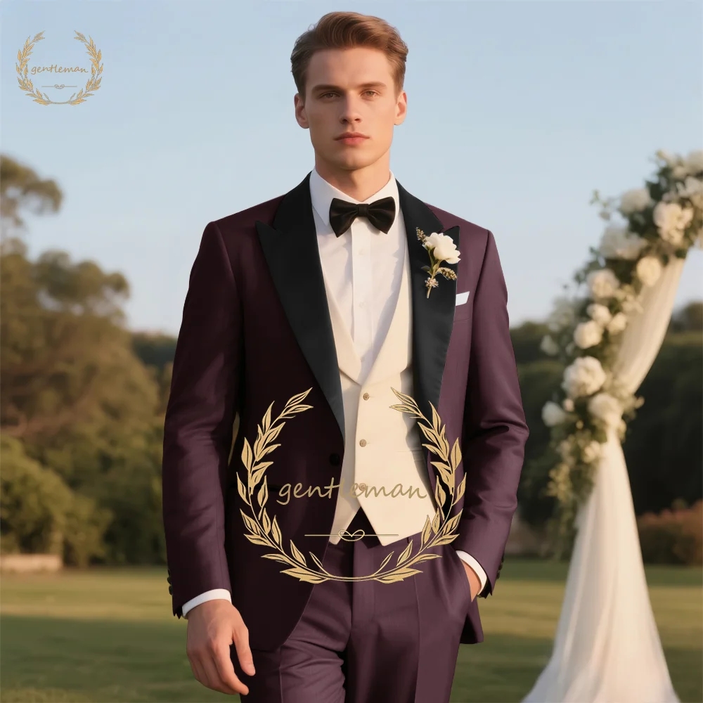

Burgundy Blazer & Ivory Vest 3-Piece Suit Set Formal Wedding Attire Contrast Design Slim Fit Pants Custom Tailored