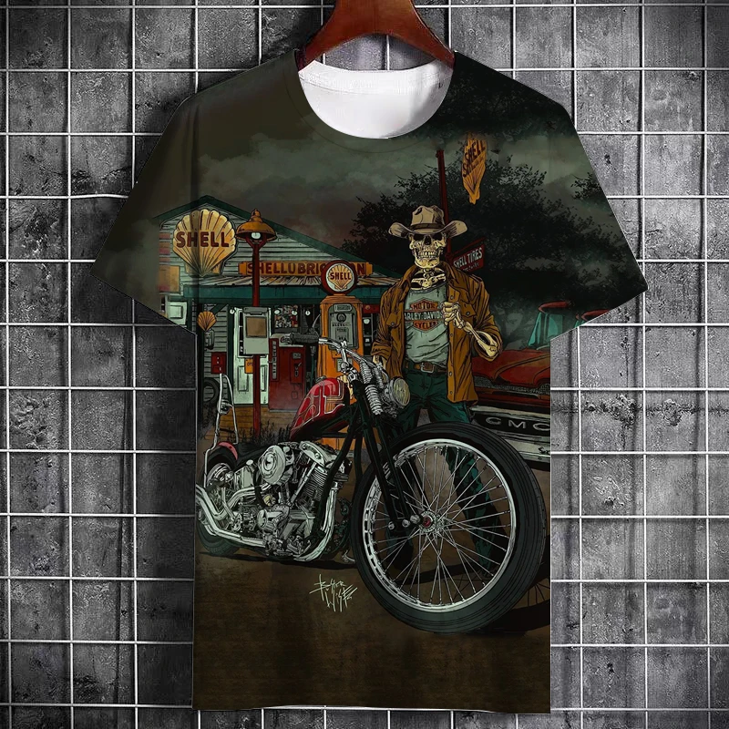 Retro Hip Hop Motorcycle Men's T-Shirt Fashion Personality Street Trend O Collar Cool Short Sleeve New Funny Alternative Top