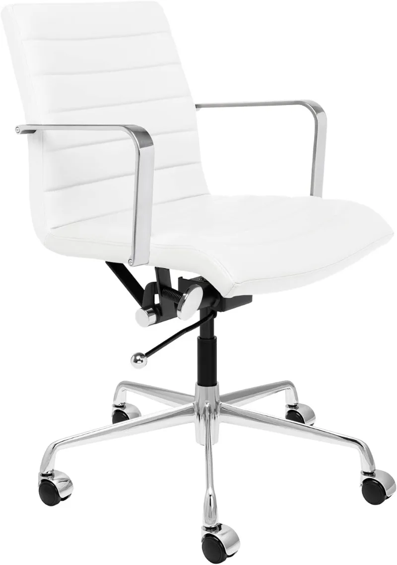 

Mid Back Desk Chair, Ergonomically Designed with Arm Rest & Swivel, Made of Faux Leather, White, Computer Chair