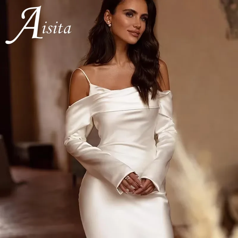 Customized Simple Mermaid Satin Wedding Dress Straps Long Sleeves Off The Shoulder Bridal Bride Sweep Train Vestido De Novia
